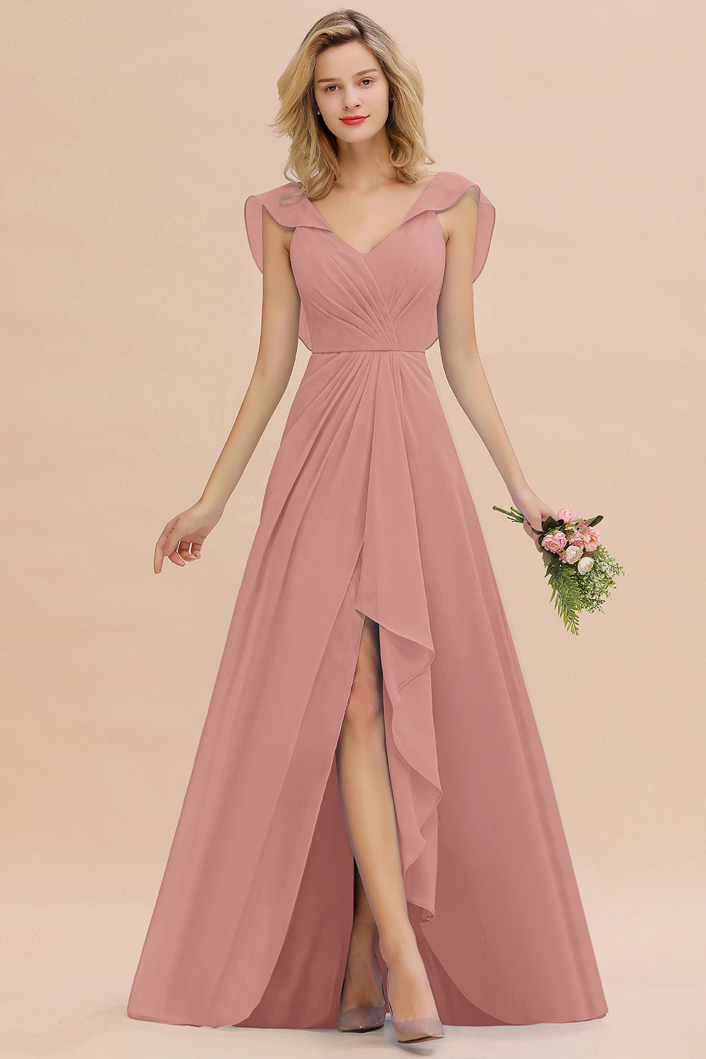 Modest Hi-Lo V-Neck Ruffle Long Bridesmaid Dress with Slit