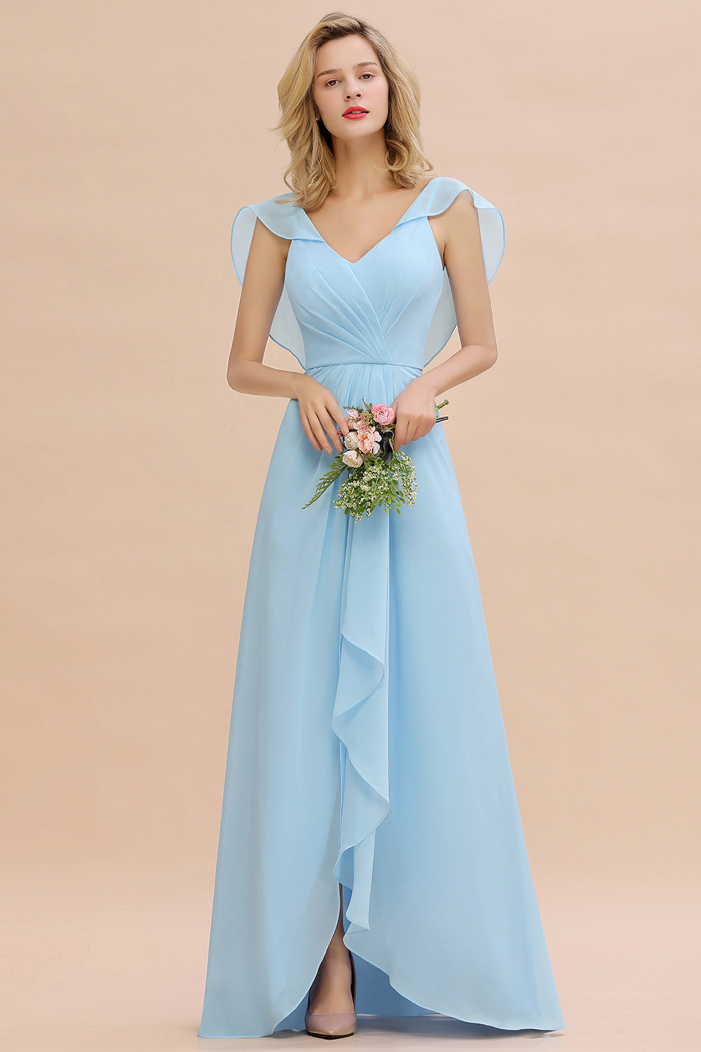 Modest Hi-Lo V-Neck Ruffle Long Bridesmaid Dresses with Slit Newinlook Modest Hi-Lo V-Neck Ruffle Long Bridesmaid Dresses with Slit Newinlook
