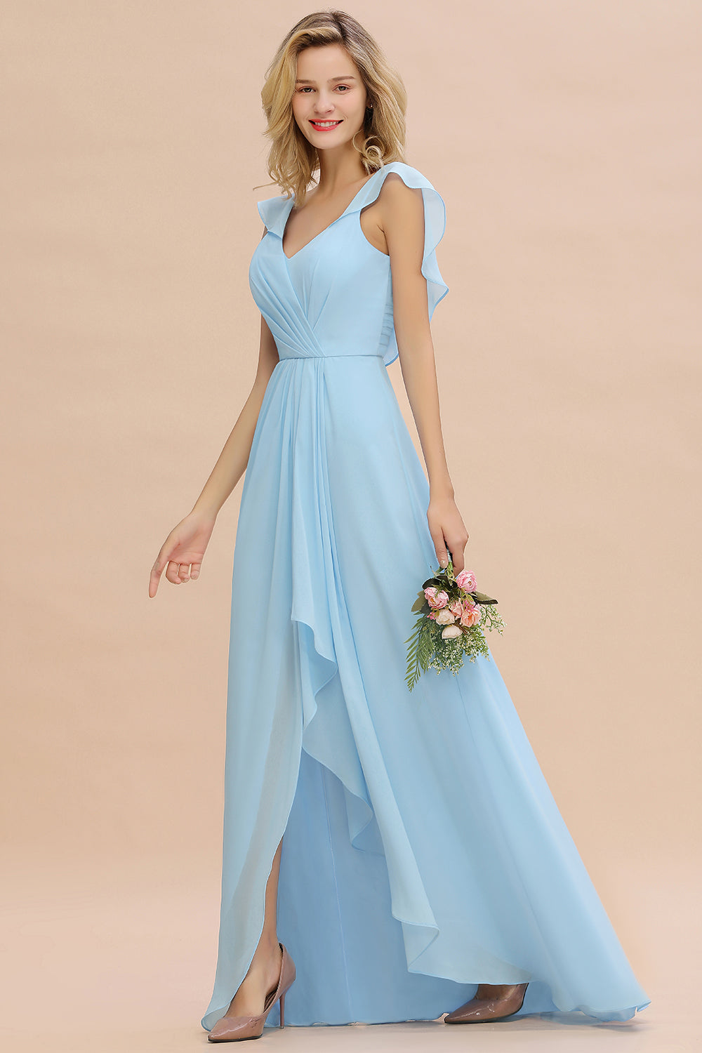 Modest Hi-Lo V-Neck Ruffle Long Bridesmaid Dresses with Slit Newinlook Modest Hi-Lo V-Neck Ruffle Long Bridesmaid Dresses with Slit Newinlook