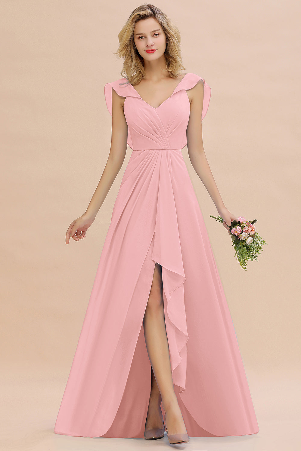 Modest Hi-Lo V-Neck Ruffle Long Bridesmaid Dresses with Slit Newinlook Modest Hi-Lo V-Neck Ruffle Long Bridesmaid Dresses with Slit Newinlook