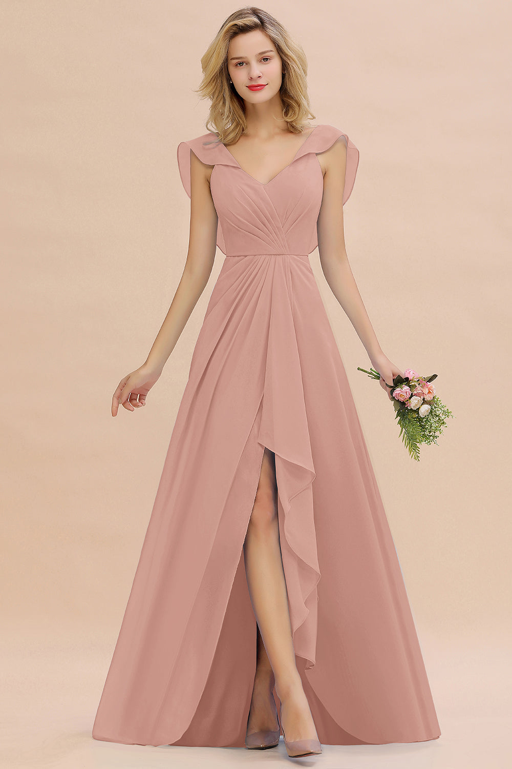 Modest Hi-Lo V-Neck Ruffle Long Bridesmaid Dress with Slit