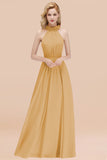Modest High-Neck Halter Ruffle Chiffon Bridesmaid Dresses Affordable