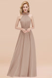 Modest High-Neck Halter Ruffle Chiffon Bridesmaid Dresses Affordable