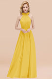 Modest High-Neck Halter Ruffle Chiffon Bridesmaid Dresses Affordable