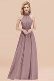 Modest High-Neck Halter Ruffle Chiffon Bridesmaid Dresses Affordable