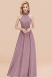 Modest High-Neck Halter Ruffle Chiffon Bridesmaid Dresses Affordable