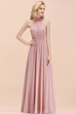 Modest High-Neck Halter Ruffle Chiffon Bridesmaid Dresses Affordable