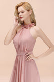Modest High-Neck Halter Ruffle Chiffon Bridesmaid Dresses Affordable