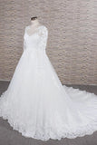 Modest Jewel Longsleeves A-line Wedding Dresses White Tulle Lace Bridal Gowns With Appliques On Sale