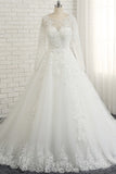Modest Jewel Longsleeves White Wedding Dresses A-line Tulle Ruffles Bridal Gowns On Sale