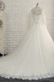 Modest Jewel Longsleeves White Wedding Dresses A-line Tulle Ruffles Bridal Gowns On Sale