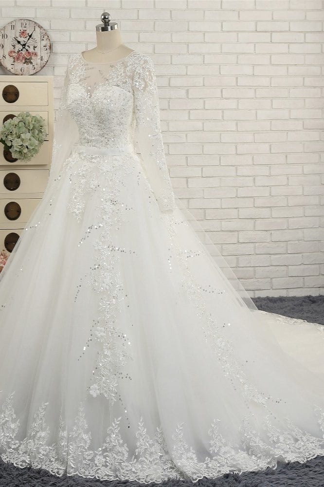 Modest Jewel Longsleeves White Wedding Dresses A-line Tulle Ruffles Bridal Gowns On Sale