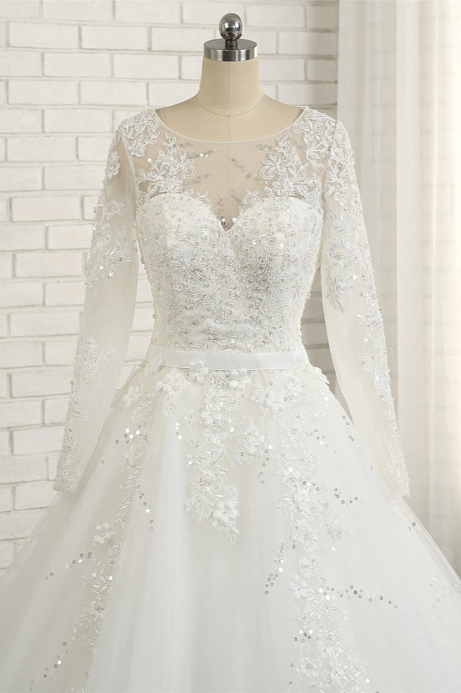 Modest Jewel Longsleeves White Wedding Dresses A-line Tulle Ruffles Bridal Gowns On Sale