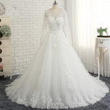 Modest Jewel Longsleeves White Wedding Dresses A-line Tulle Ruffles Bridal Gowns On Sale