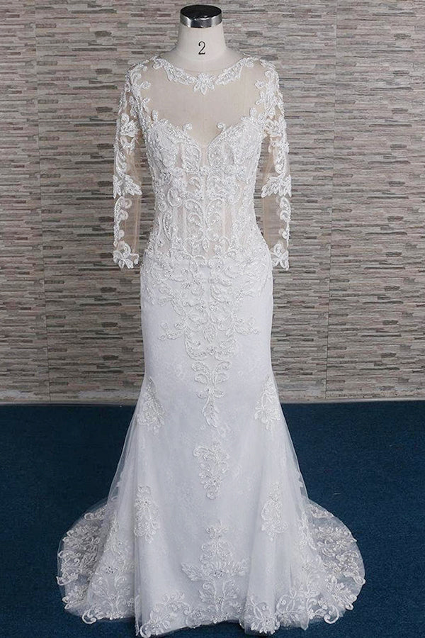 Modest Longsleeves Jewel Lace Wedding Dresses With Appliques White Tulle Bridal Gowns On Sale