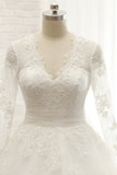 Modest Longsleeves V-neck Lace Wedding Dresses White Tulle A-line Bridal Gowns With Appliques Online