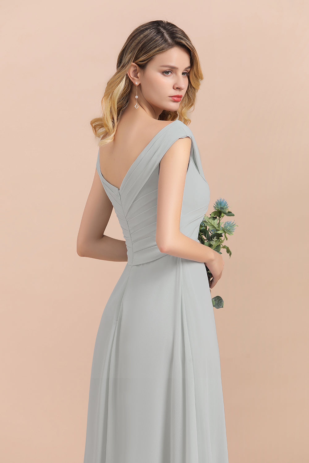 Modest Off-the-Shoulder Mist Chiffon Bridesmaid Dresses with Pleats