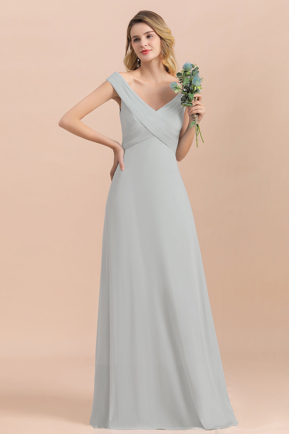 Modest Off-the-Shoulder Mist Chiffon Bridesmaid Dresses with Pleats
