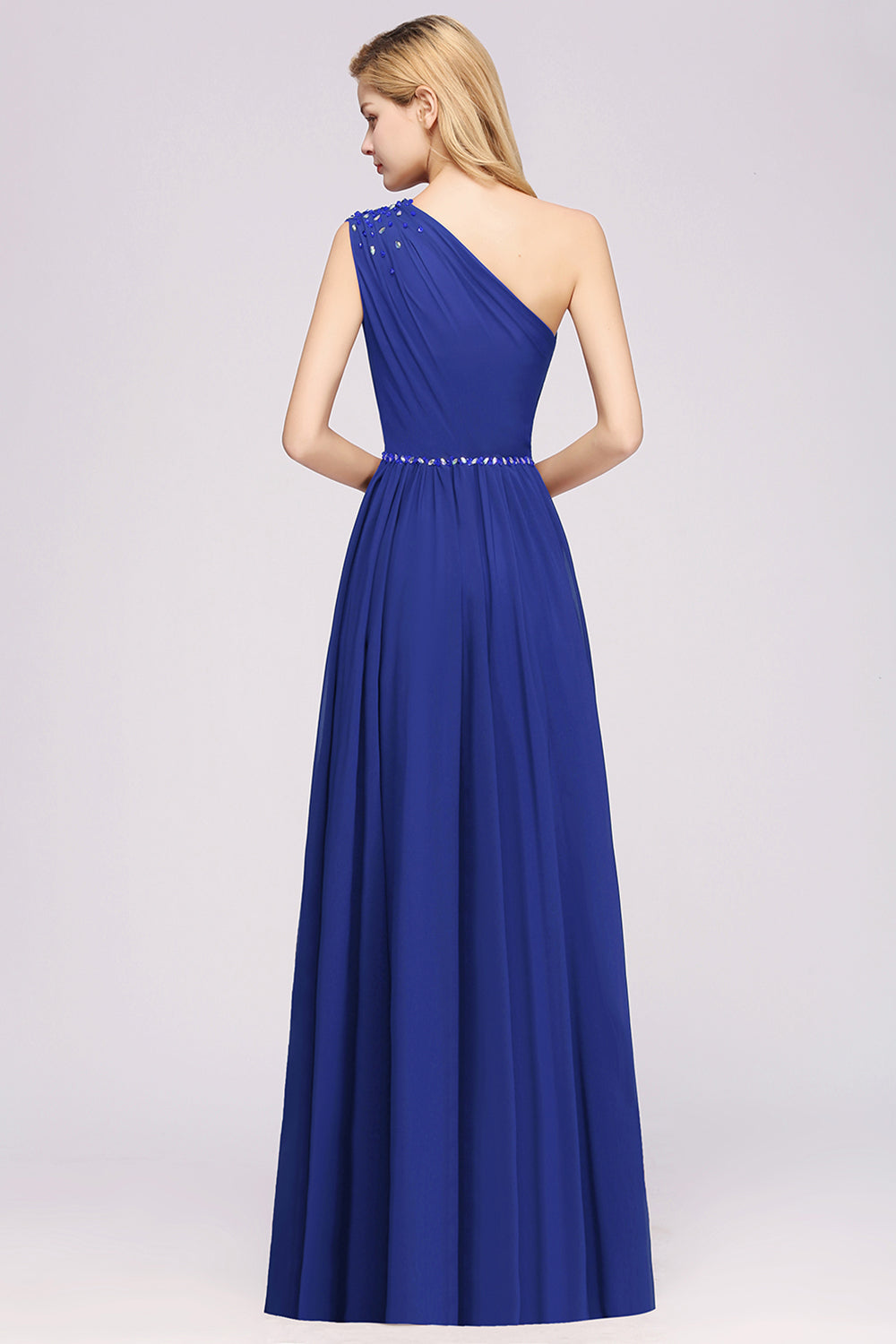 Modest One-shoulder Royal Blue Affordable Bridesmaid Dress with Beadings