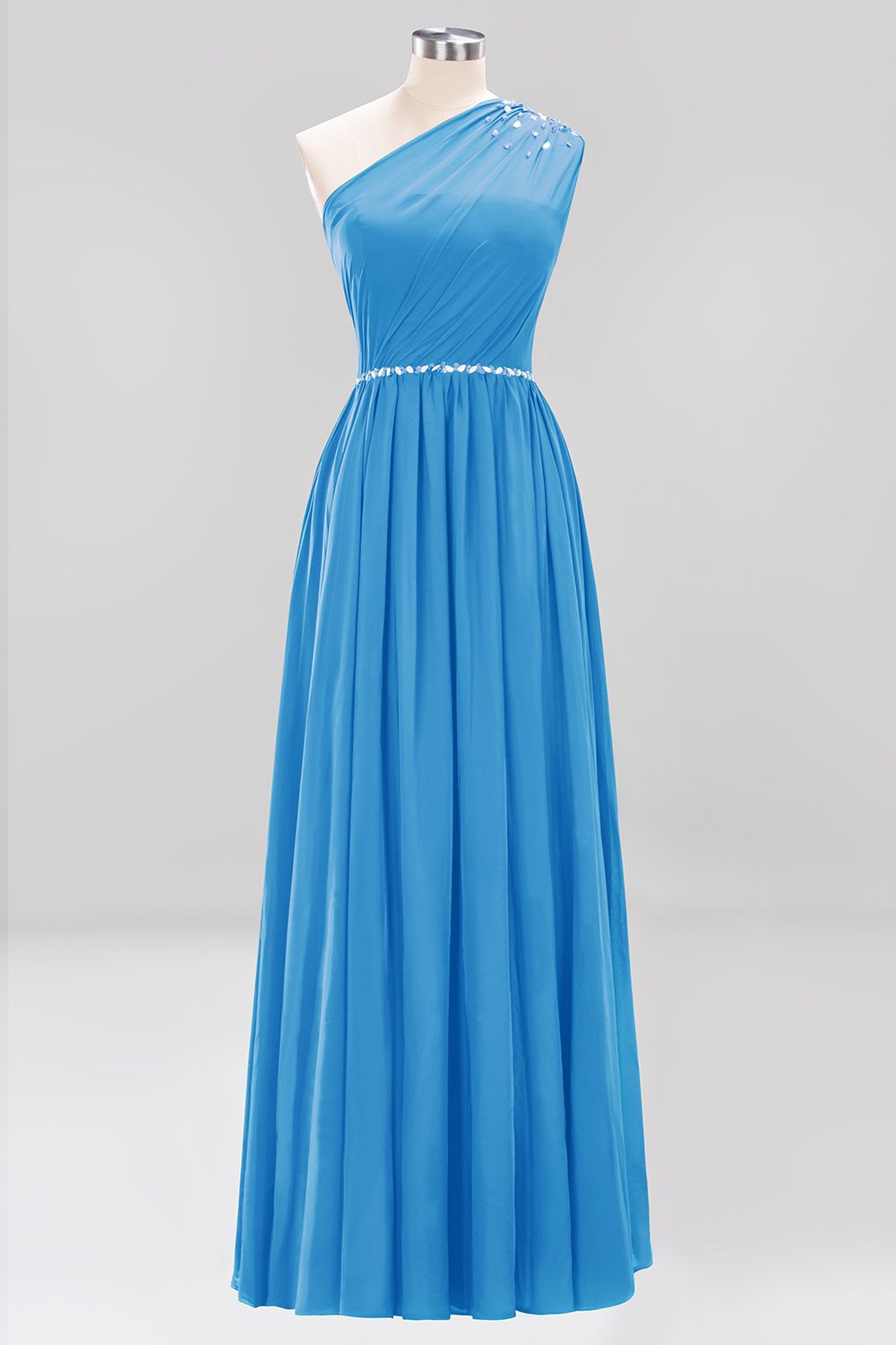 Modest One-shoulder Royal Blue Affordable Bridesmaid Dress with Beadings