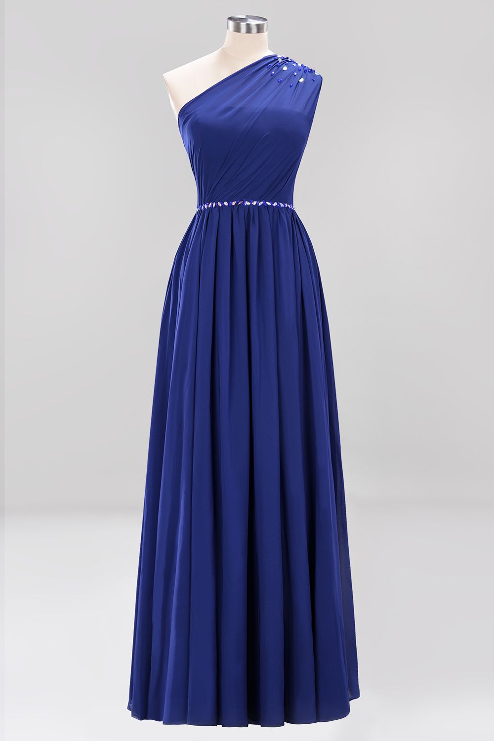 Modest One-shoulder Royal Blue Affordable Bridesmaid Dress with Beadings