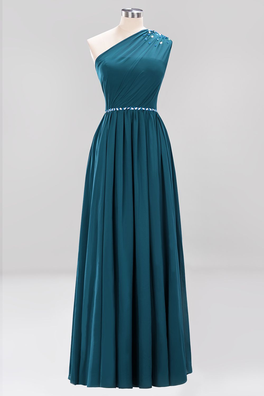 Modest One-shoulder Royal Blue Affordable Bridesmaid Dress with Beadings