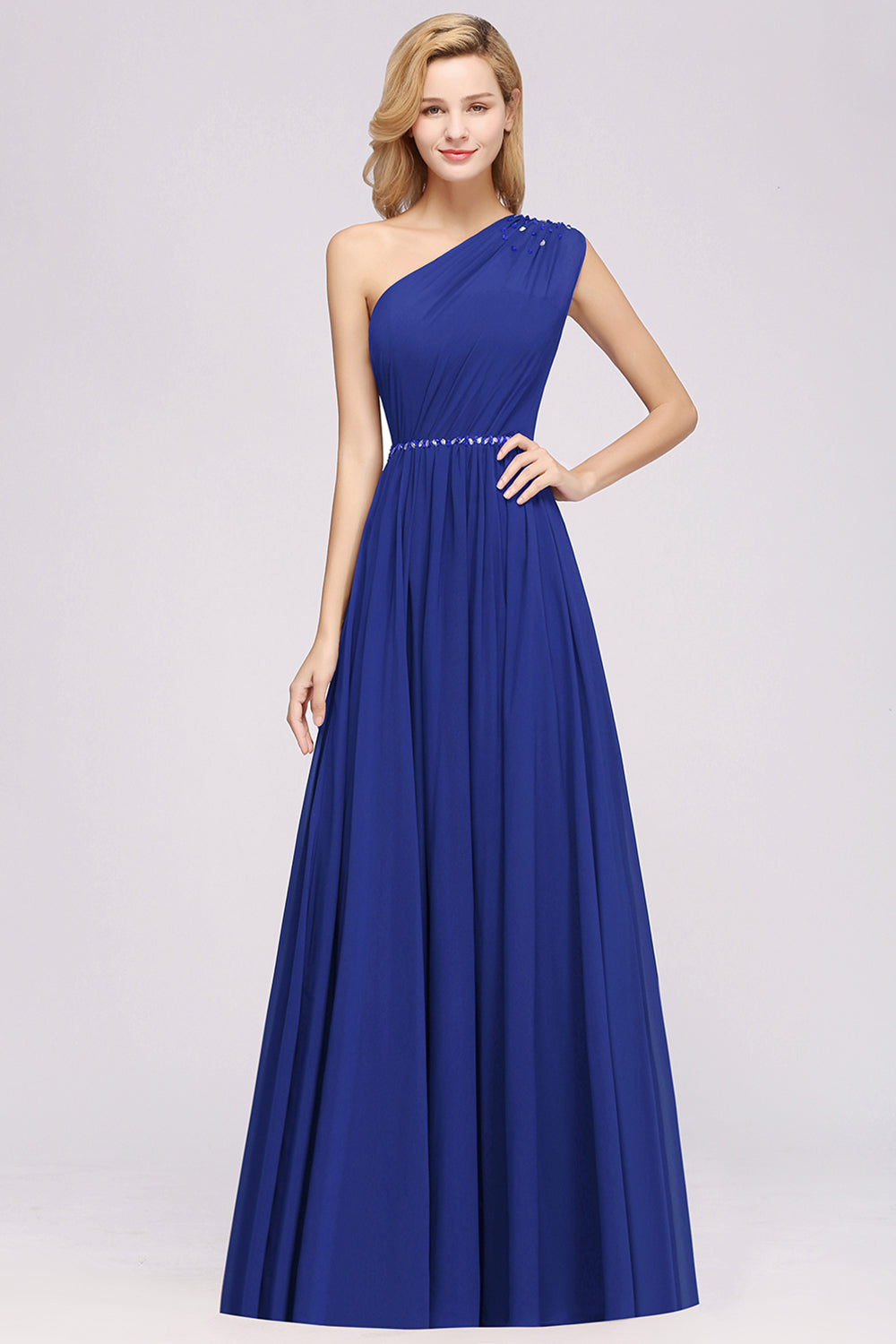 Modest One-shoulder Royal Blue Affordable Bridesmaid Dress with Beadings