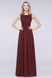 Modest Round-Neck Sleeveless Burgundy Bridesmaid Dresses with Ruffles