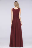 Modest Round-Neck Sleeveless Burgundy Bridesmaid Dresses with Ruffles