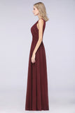 Modest Round-Neck Sleeveless Burgundy Bridesmaid Dresses with Ruffles