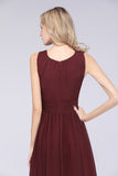 Modest Round-Neck Sleeveless Burgundy Bridesmaid Dresses with Ruffles