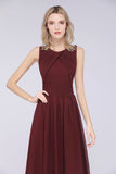 Modest Round-Neck Sleeveless Burgundy Bridesmaid Dresses with Ruffles