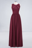 Modest Round-Neck Sleeveless Burgundy Bridesmaid Dresses with Ruffles