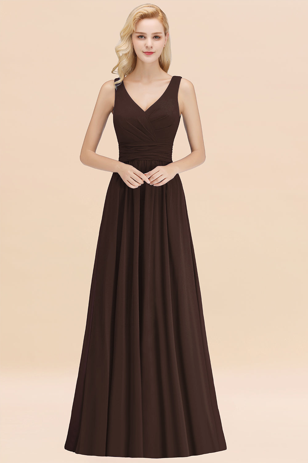 Modest Sleeveless V-Neck Long Chiffon Bridesmaid Dress Online with Ruffle