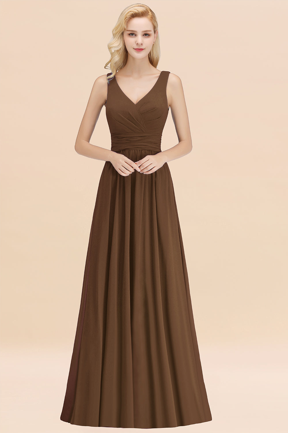 Modest Sleeveless V-Neck Long Chiffon Bridesmaid Dresses with Ruffle Newinlook Modest Sleeveless V-Neck Long Chiffon Bridesmaid Dresses with Ruffle Newinlook