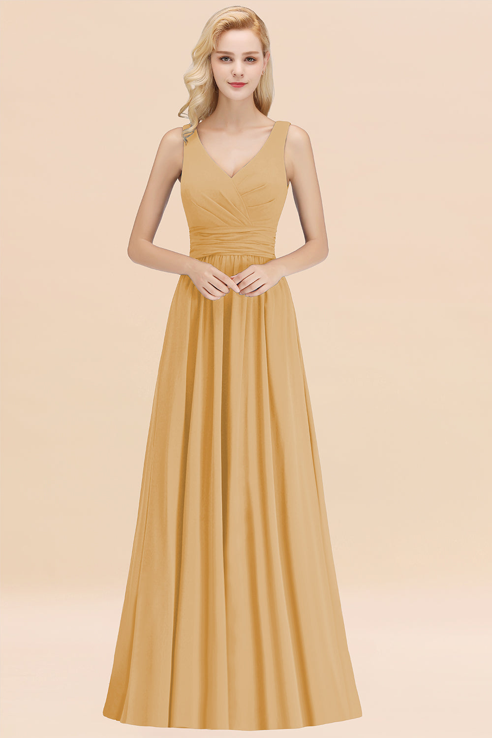 Modest Sleeveless V-Neck Long Chiffon Bridesmaid Dress Online with Ruffle
