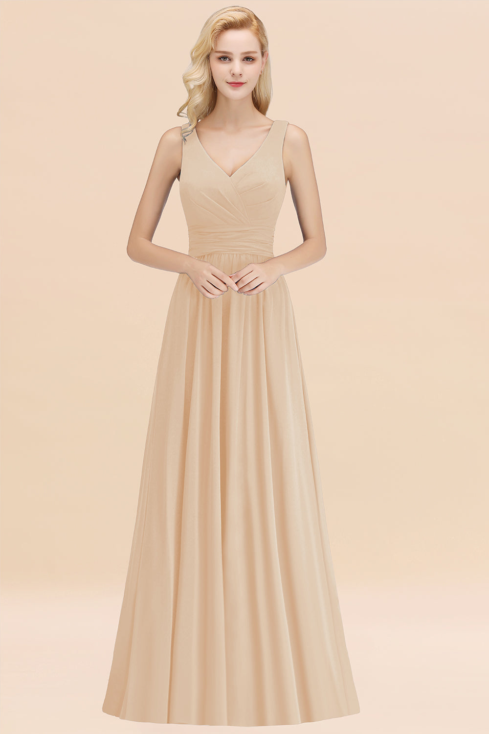 Modest Sleeveless V-Neck Long Chiffon Bridesmaid Dress Online with Ruffle