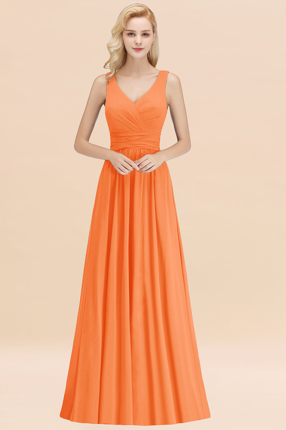 Modest Sleeveless V-Neck Long Chiffon Bridesmaid Dress Online with Ruffle