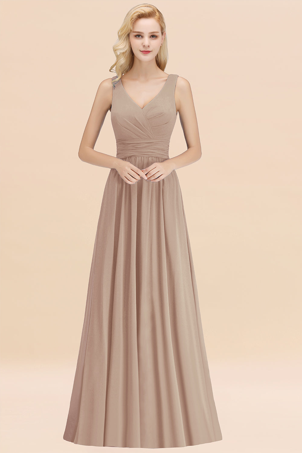 Modest Sleeveless V-Neck Long Chiffon Bridesmaid Dress Online with Ruffle