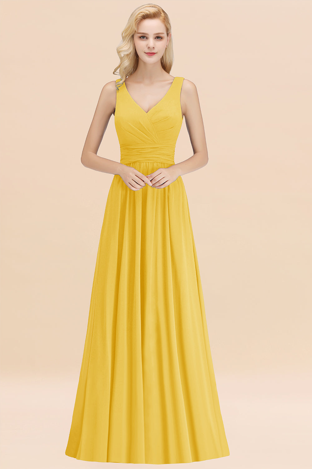 Modest Sleeveless V-Neck Long Chiffon Bridesmaid Dress Online with Ruffle