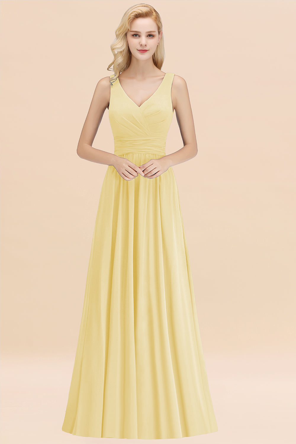 Modest Sleeveless V-Neck Long Chiffon Bridesmaid Dress Online with Ruffle