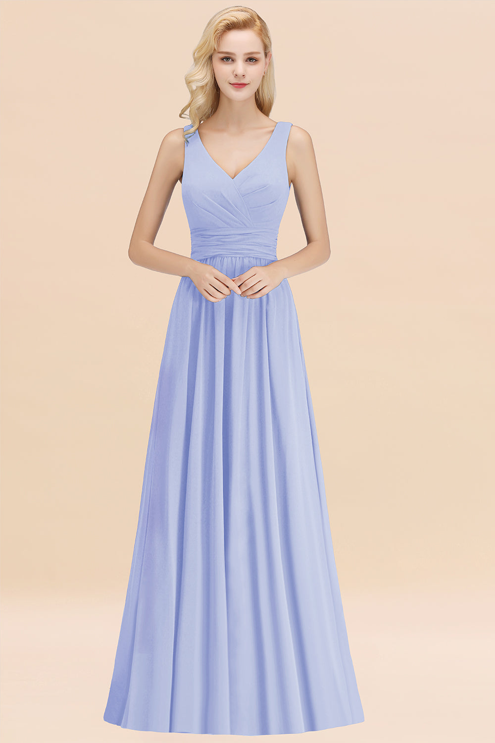 Modest Sleeveless V-Neck Long Chiffon Bridesmaid Dress Online with Ruffle