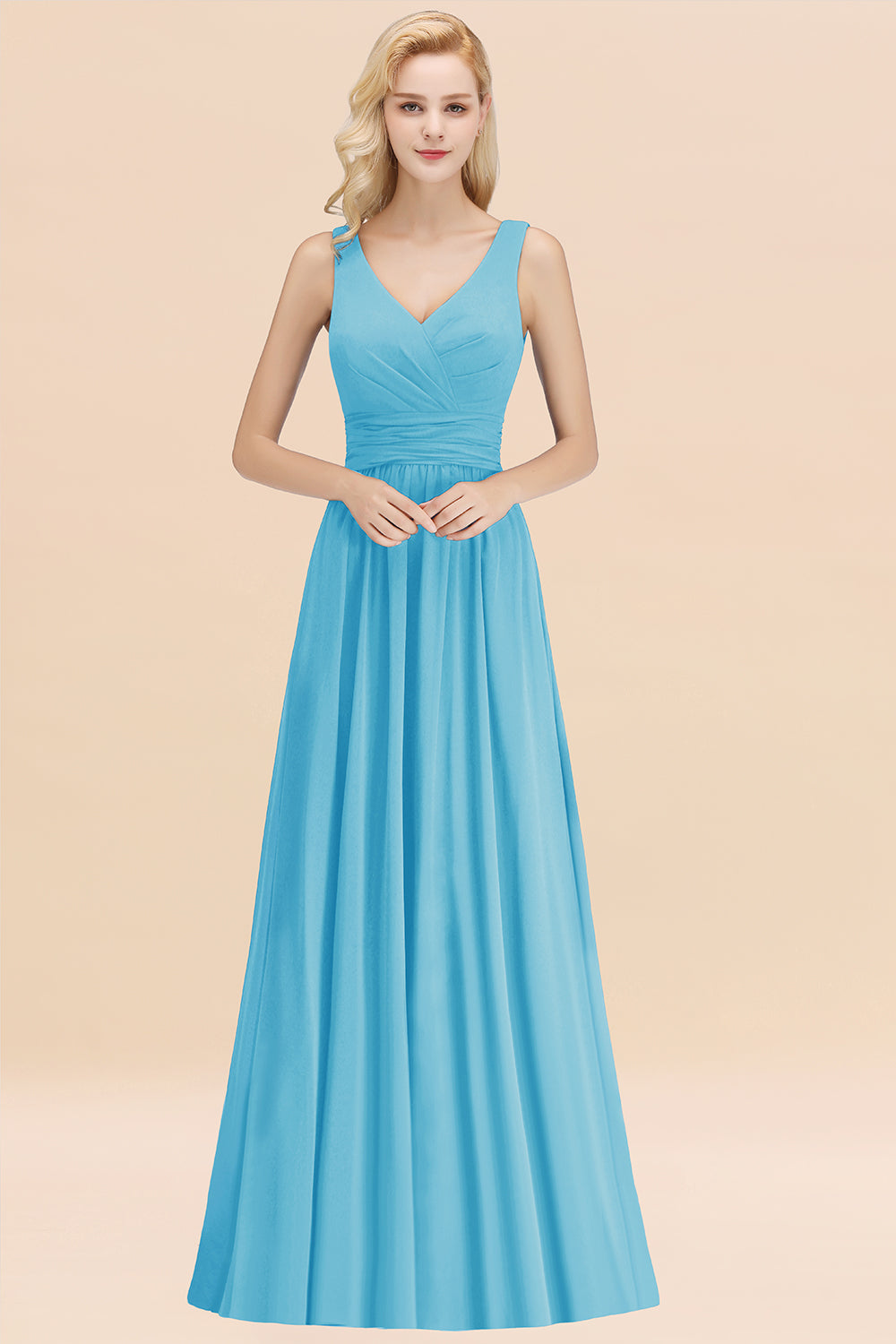 Modest Sleeveless V-Neck Long Chiffon Bridesmaid Dress Online with Ruffle