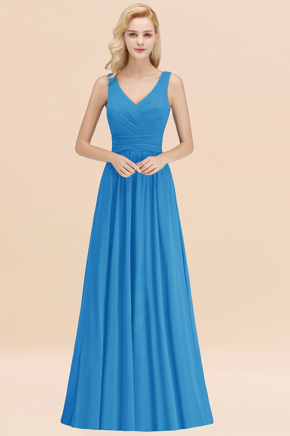 Modest Sleeveless V-Neck Long Chiffon Bridesmaid Dress Online with Ruffle