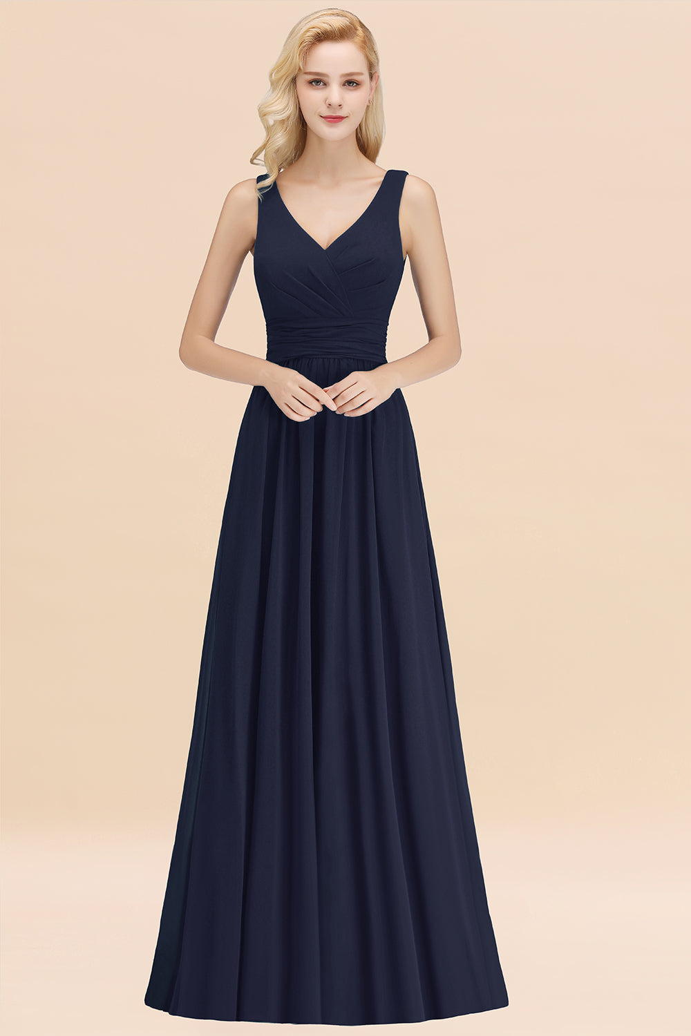 Modest Sleeveless V-Neck Long Chiffon Bridesmaid Dress Online with Ruffle