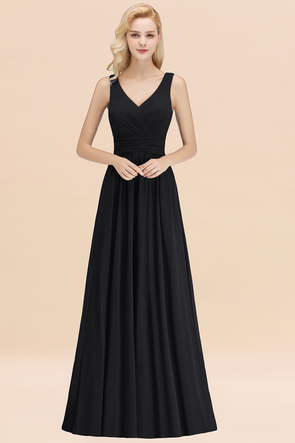 Modest Sleeveless V-Neck Long Chiffon Bridesmaid Dress Online with Ruffle
