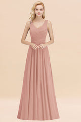 Modest Sleeveless V-Neck Long Chiffon Bridesmaid Dress Online with Ruffle