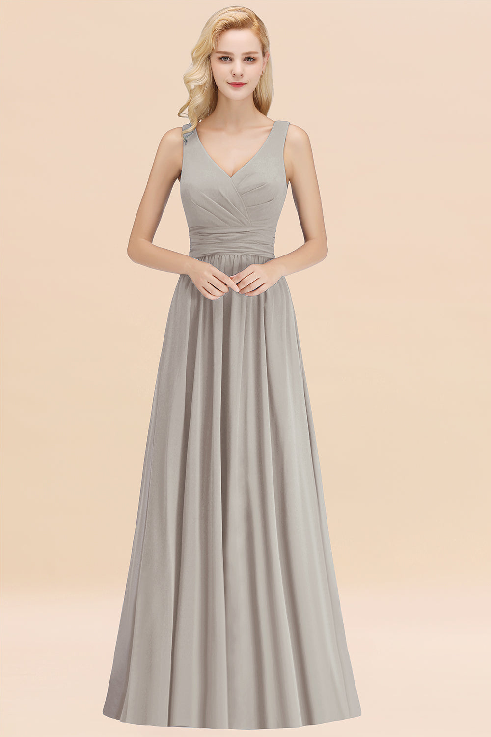 Modest Sleeveless V-Neck Long Chiffon Bridesmaid Dress Online with Ruffle