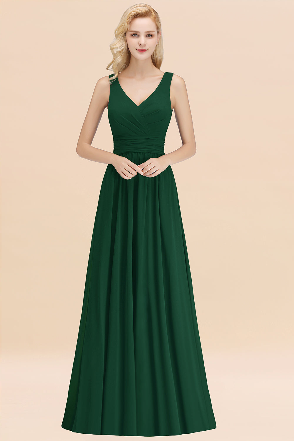 Modest Sleeveless V-Neck Long Chiffon Bridesmaid Dress Online with Ruffle