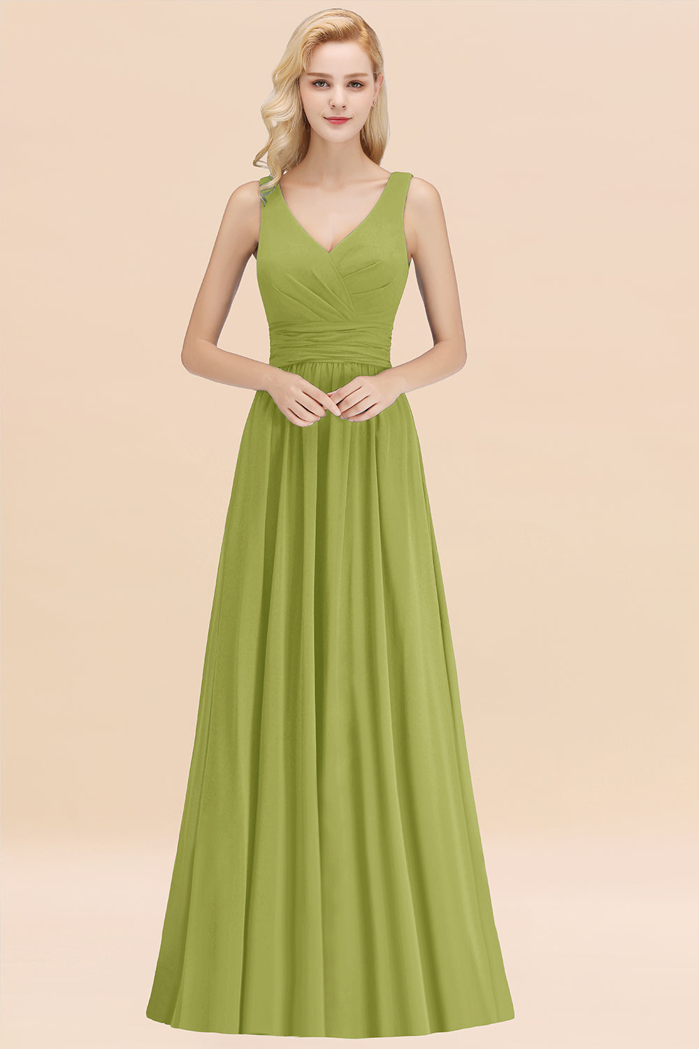 Modest Sleeveless V-Neck Long Chiffon Bridesmaid Dress Online with Ruffle